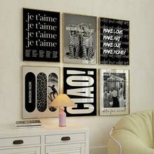 1/6 piezas Cuadros de arte de pared en blanco y negro Impresiones de leopardo y surfista Pinturas en lienzo Pósteres con tipografía audaz Decoración estética Y2K preppy para dormitorio, sala de estar, oficina, habitación de niña, regalo para ella sin marco - Multicolor - Ver 1