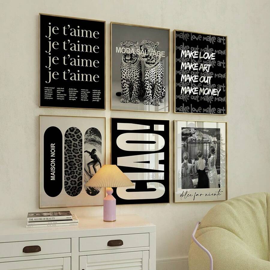 1/6 piezas Cuadros de arte de pared en blanco y negro Impresiones de leopardo y surfista Pinturas en lienzo Pósteres con tipografía audaz Decoración estética Y2K preppy para dormitorio, sala de estar, oficina, habitación de niña, regalo para ella sin marco - Multicolor - Ver 1