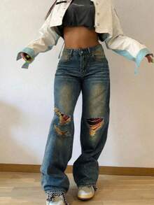 Women Distressed Loose Straight Leg Jeans, Stacked Jeans