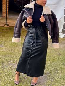 Women's Solid Color Pu Leather Skirt With Belt Women Outfit Fall Cloth For Women Winter Autumn A-Line Skirt, PU Leather Long Elegant Skirt