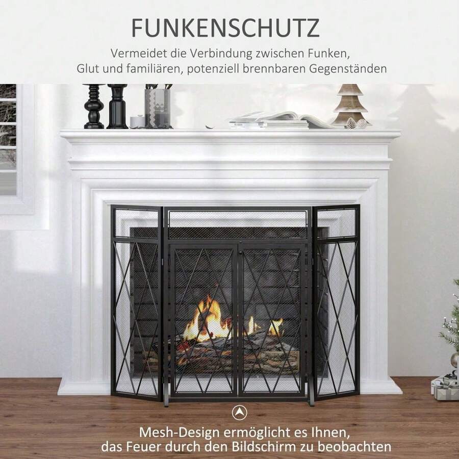 Funkenschutzgitter 3tlg. Kaminschirm aus Schmiedeeisen, Metall schwarz 120 x 79 cm, elegantes Design für sicheren Kamin
