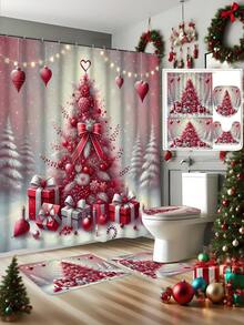 1 pieza/4 piezas Juego de baño de árbol de Navidad verde oscuro, incluye cortina de ducha, alfombra de inodoro, alfombra de baño, etc. Hecho de tela de poliéster impermeable y duradera. Decorado con patrones de árbol de Navidad, estrellas y copos de nieve. Adecuado para agregar un ambiente navideño al baño, especialmente para la temporada navideña.