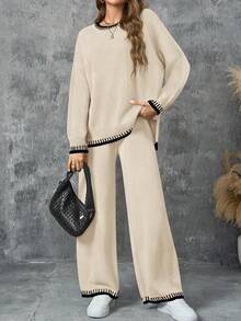 Women's 2Pcs Color Block Sweater Set Long Sleeve Crew Neck Sweater Top And Long Pants, Women Casual 2 Pieces Autumn Winter Outfits Loungwear Set