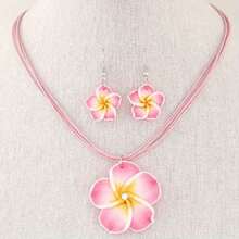 Fashionable Sweet Flower Wax Rope Temperament Necklace Earrings Two-Piece Set, Suitable For Daily Wear Or Gift Giving - Hot Pink - View 5