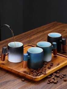 كوب قهوة لاتيه سيراميك ذو مقبض خشبي بتدرج اللون، كوب شاي ياباني ريفي بتباين في الحرق، كوب شاي للمكتب، كوب مشروبات للمنزل وتجمعات الأصدقاء، كوب ماء صغير للمطاعم والفنادق، هدية