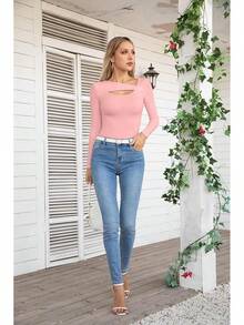Womens Fashion Fall Cutout Long Sleeve Ribbed Slim Fitted Tops Shirts Tee Tshirts - Long-light Pink - View 6