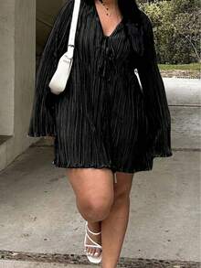 Plus Size Belted Ruffle Sleeve Solid Color Dress, Flattering Style Suitable For Summer Street Wear - Black - View 8