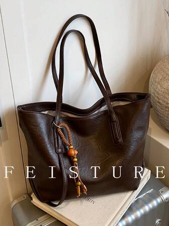 1pc Vintage Large Capacity Commuter Tote Bag, Zipper Closure, Pendant Decoration, Suitable For Daily Outing, Dating, Commuting