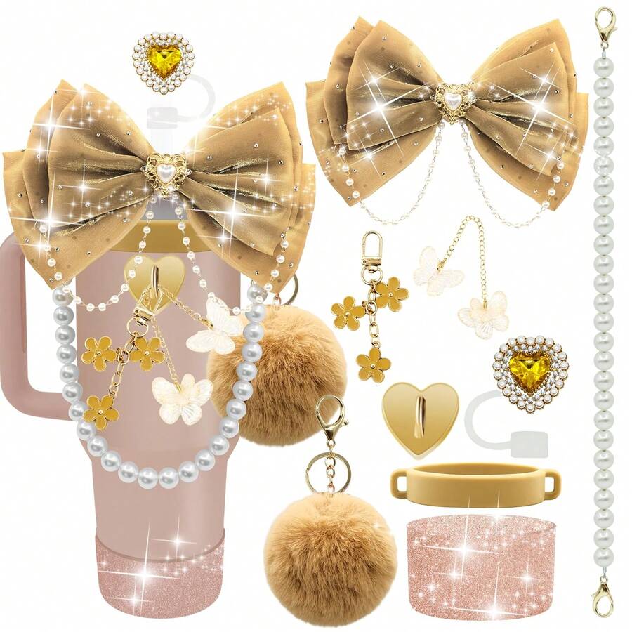 QY Bling Cup Accessories For 40/30/20 Oz Tumbler With Handle Including Glitter Bow Straw Topper, Heart Straw Cover, Pearl Water Bottle Handle Strap, Boot, Pom-Pom, Keychain Charms(Gold Brown) 2216 - 金棕色 - 查看 1