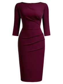 MIUSOL Elegant Women's Ruched Zip Back Split Hem Bodycon Dress, Slim Fit Business Casual Outfit, Perfect For Office, Wedding Guest, Homecoming, Church And Birthday Party - 酒紅色 - 查看 7