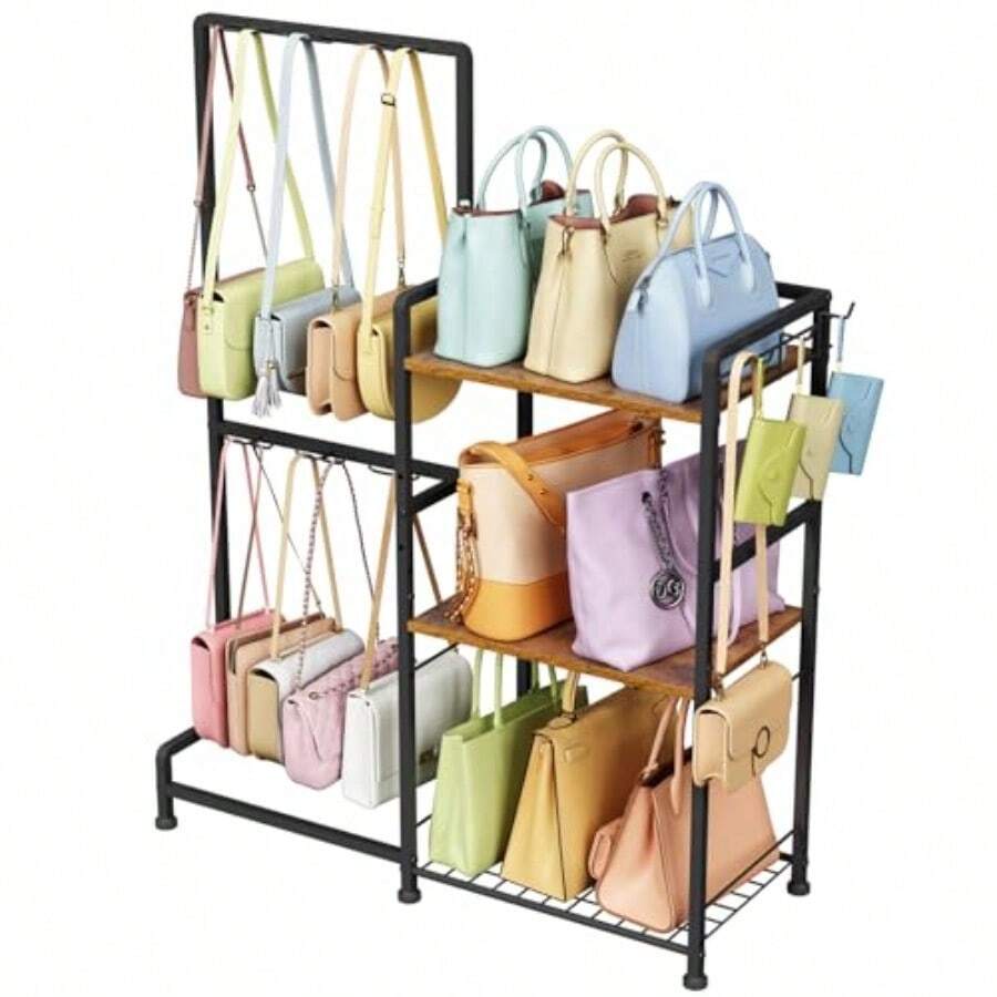Purse Storage Organizer For Women 3Tier Max Purse Storage Stand Rack Holder Bag Shelf For Closet 12 Fixed Hooks 3 Side Hooks Keeping Purses Visible Purse Display Bag Organizer For Various Bags - As Pic - View 1