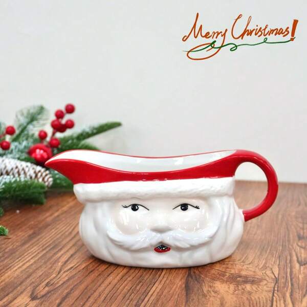 1pc, 620ml Santa Claus Ceramic Milk Pitcher, Creative Christmas Gravy Boat, 3D Embossed Pattern, Lively & Cute Design, Kitchen Decor, Suitable For Home, Kitchen, Party, Wedding, Christmas Gift, Christmas Eve Gift