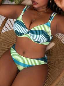 Slaydiva Plus Size Women 2pcs Geometric Line Printed Wireless Bikini Set - Green - View 6