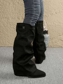 Fall/Winter Slimming Suede Over-The-Knee Mid-Calf Chunky Heel Pointed Toe Equestrian Boots For Women - Black - View 3