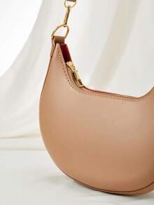 1 Peça Bolsa de Ombro/Axila Feminina em Formato de Lua Crescente com Bloco de Cor Marrom Café, Design Minimalista da Moda, Presente de Natal de Outono/Inverno - Caqui - Visão 2