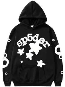 Casual And Simple Black Hoodie Valentine'S Day Outfits For Women, American Retro Long-Sleeved Top, Versatile And Stylish Jacket For Commuting, Cozy Valentine'S Day Couple'S Outfit With Star Print Pattern, Suitable For Autumn And Winter, Comfortable And Warm Crew Neck Long-Sleeved Loose Sweatshirt For Going Out. - màu đen - Xem 1