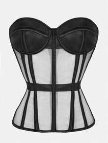 1pc Sheer Mesh Wrap Bustier Top, Sexy Strapless Satin Lace-Up Bodysuit Crop Top, Suitable For Women's Outings/Halloween Party - Black - View 1
