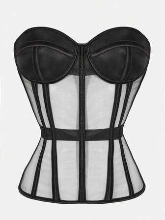 1 Stück transparenter Mesh Overbust Korsett, sexy trägerloses Satin Spitzen-Korsett Top für Frauen zum Ausgehen/Halloween Party Tragen