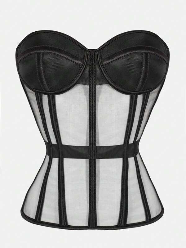 1pc Sheer Mesh Overbust Corset,Sexy Strapless Lace Up Satin Bra Corsets Top For Women Going Out/Halloween Party Wear