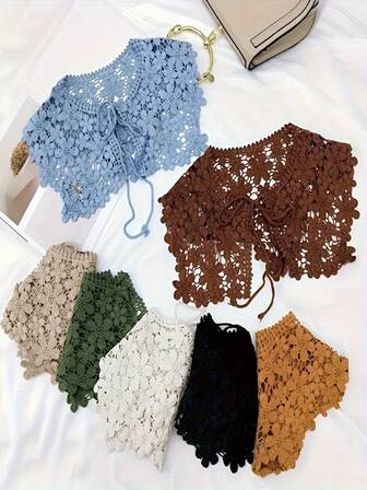 1PC Solid Color Knit Lace Cardigan: Women's Lightweight Bolero Shrug, Sheer Openwork Cover Up Shawl For Beach, Wedding, Party, Daily Casual Wear And Sun Protection