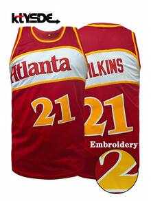 KTYSDE Áo bóng rổ nam số 21 màu đỏ kiểu retro, áo tank top không tay cổ tròn dáng rộng thêu logo Atlanta, thích hợp cho bóng rổ, thể thao, chạy bộ, tập luyện, thời trang đường phố, unisex, mùa xuân. - Đỏ - Xem 1