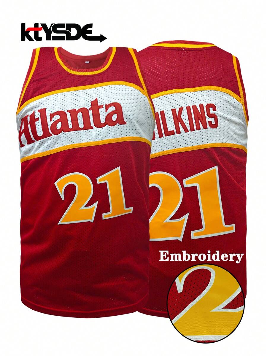 KTYSDE Áo bóng rổ nam số 21 màu đỏ kiểu retro, áo tank top không tay cổ tròn dáng rộng thêu logo Atlanta, thích hợp cho bóng rổ, thể thao, chạy bộ, tập luyện, thời trang đường phố, unisex, mùa xuân. - Đỏ - Xem 1
