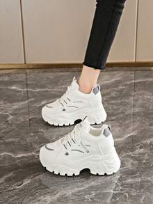 White Platform Casual Sneakers For Women, Comfortable Wedge Heel Shoes - Grey - View 3