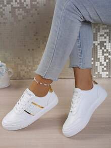 1 Pair Women Round Toe Casual Sneakers, Fashion Flat Lace-Up Comfortable Versatile White Shoes - White - View 2