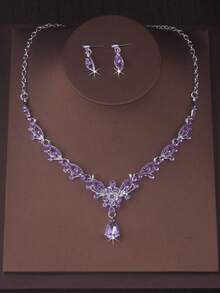 高檔新娘珠寶套裝女士用,花卉鑲嵌水滴形項鍊和耳環套裝,舞臺表演/奢華裝飾配件項鍊