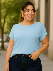 PLUS SIZE PLAIN BLOUSE CASUAL MODERN BASIC CURRENT CONTEMPORARY VISCOLYCRA DAILY WORK - Baby Blue - View 3