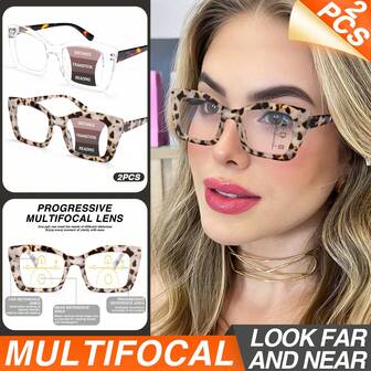 2 piezas Gafas de lectura de moda con marco grande y multifocales, lentes progresivas 2 en 1, marco grande con patillas cómodas y resortes, gafas bifocales versátiles para mujeres