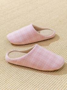 男女通用室内静音拖鞋，适合所有季节，时尚格子面料鞋面，防滑，适用于办公室、客厅、卧室，简约优雅的家用鞋 - 粉色 - 查看 5