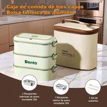 Bentobox Acero Inoxidable 304 para Estudiantes - Doble/Triple Capa, Sellado Hermético Anti-Fuga, Compartimentos Divididos, Apto para Calentar en Microondas, Caja de Almuerzo y Conservación Alimentos - verde-3N - Ver 5