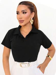 Women's Polo Neck Blouse Cotton T-Shirt Short Sleeve Casual Elegant Office - 黑色 - 查看 10