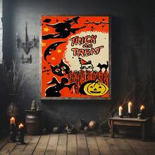 1 pièce Affiche sur canevas de sorcière volante, citrouille fantôme, style décoratif de festival des chats fantômes. Murales d'intérieur, impressions d'affiches, cadeaux muraux, chambre, bureau, salon, café, décoration murale, maison, décoration de dortoir, cadre photo au choix, décoration d'Halloween, décoration d'automne, décoration de chambre.