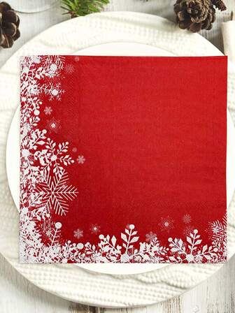 1 pieza Paquete de 20 servilletas de papel con diseño de copo de nieve rojo navideño, decoraciones navideñas, servilletas impresas para fiesta de festival de hielo y nieve