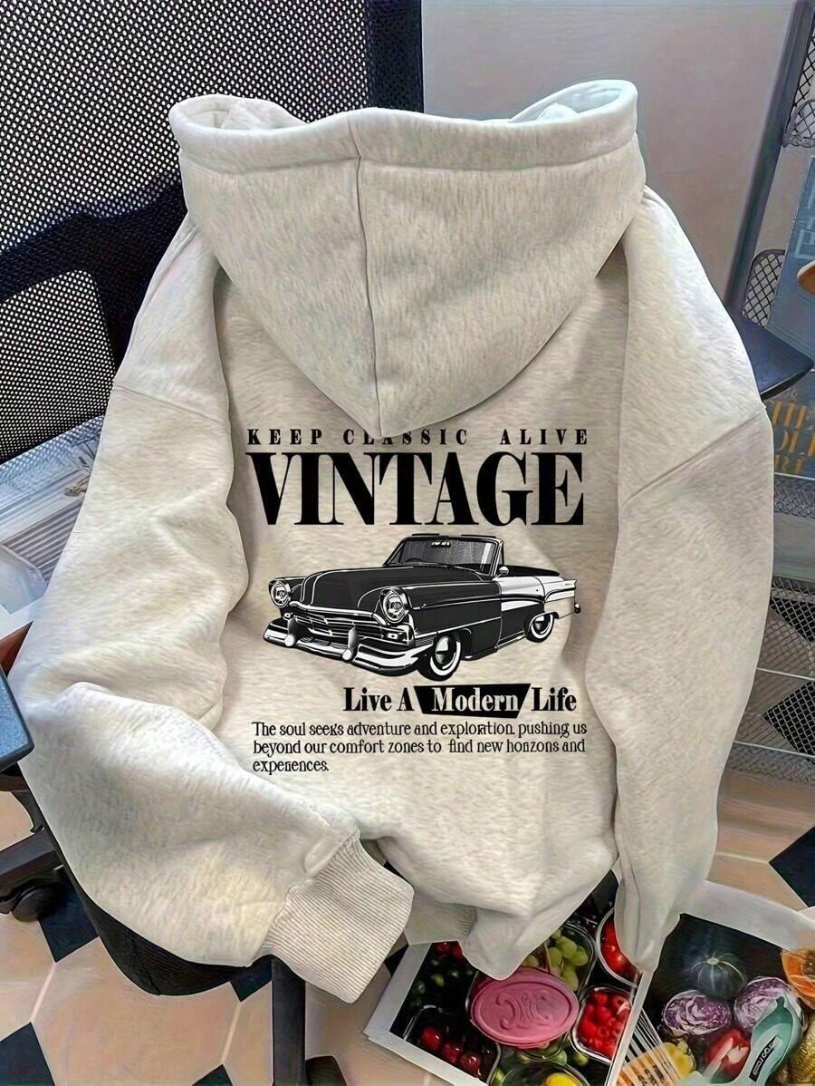 Sudadera hoodie sweatshirt dama mujer gorro capucha manga larga estampado vintage auto coche letras retro otoño invierno - Gris Claro - Ver 1