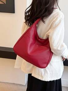 时尚纯色荔枝纹面料设计女士单肩包，现代高级可折叠收纳手提包，简约百搭休闲校园通勤包，适合大学生日常出行，轻便大容量收纳学生单肩包 - 紅色 - 查看 4