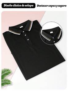 Camisa polo de manga corta a rayas de verano, casual y para commuter, para golf, para hombres, Camiseta polo diaria sencilla de unicolor para hombre,ideal para desplazamientos - Negro - Ver 5