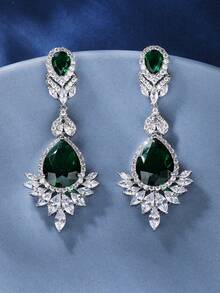 1 对奢华高端方晶锆石吊坠耳环，搭配时尚连衣裙，节日和生日礼物 - 綠色 - 查看 1