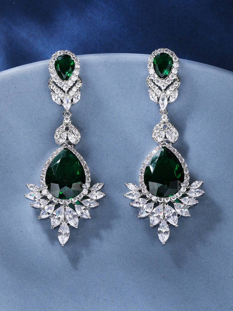 1 对奢华高端方晶锆石吊坠耳环，搭配时尚连衣裙，节日和生日礼物 - 綠色 - 查看 1