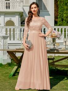 MIUSOL Women's Elegant Sequin Floral Lace Contrast Chiffon Pleated Hem Maxi Dress, Ruched High Waist A-Line Silhouette, Perfect For Formal Party, Wedding Guest, Evening , Anniversary - 香檳色 - 查看 3