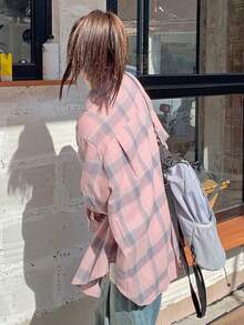 Pink Plaid Long Sleeve Shirt, Casual Loose Fit Suitable For Early Autumn - Pink - View 10