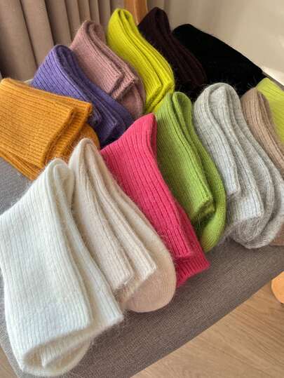 Children's Socks 12-16 Years Boys Girls Students Solid Color Wool Socks Winter Thick Knitted Mid Calf Socks Warm Fleece Socks Japanese Style Ins Fashion
