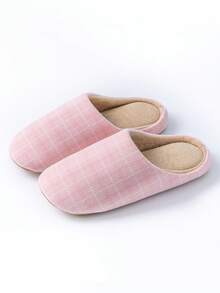 男女通用室内静音拖鞋，适合所有季节，时尚格子面料鞋面，防滑，适用于办公室、客厅、卧室，简约优雅的家用鞋 - 粉色 - 查看 4