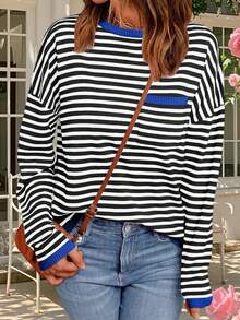 Women's Autumn Casual Tops Long Sleeve Round Neck Loose Fit Striped T-Shirt With Pocket - Lake Blue - View 4