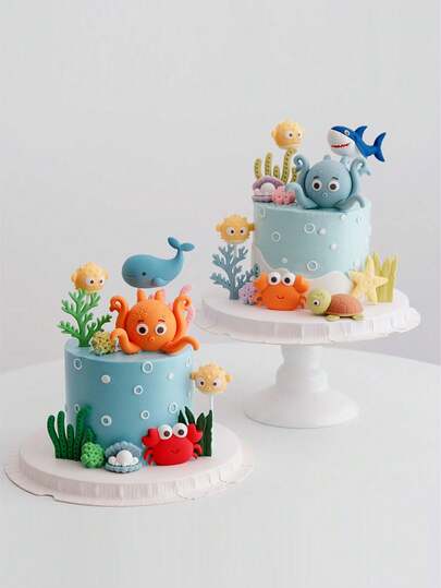 1 pieza Decoración para pastel con temática del océano, accesorios decorativos como pulpo, erizo, tiburón, ballena, algas, cangrejo, coral para decorar pasteles de baby shower o cumpleaños