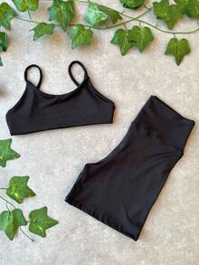 Women's Fitness Set Gym Open Back Top With Shorts - 黑色 - 查看 2