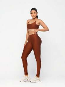 Premium Suplex Fitness Set With Pants And Non-Transparent Cup Top, Fitness Gym Clothing Kit, High Compression Leggings - 雙色焦糖 - 查看 5