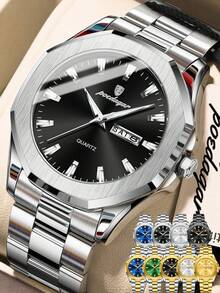 POEDAGAR 1pc Business Men's Stainless Steel Date Week Quartz Watches, Casual Waterproof Luminous Watches For Men, Luxury Watch Suitable For Work Occasions, Men's Gifts - Một cỡ - Xem 14